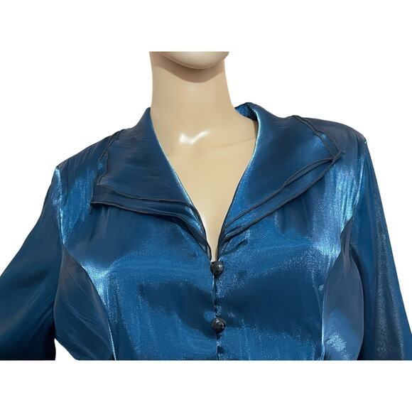 Another Thyme Turquoise Elegant Vintage Inspired Blouse Size 16 Ruffled Satin - Picture 2 of 10